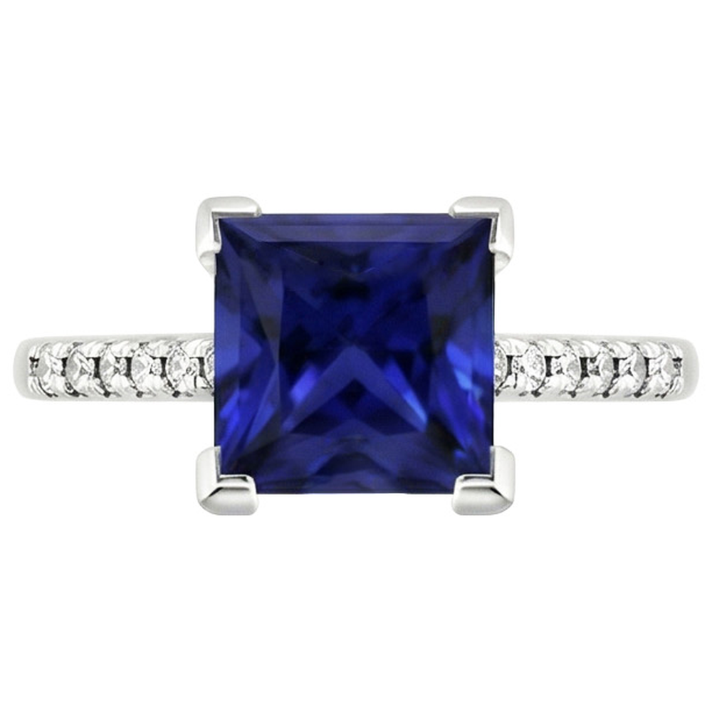 Engagement Ring Princess Ceylon Sapphire and Natural Earth Mined Diamond 5.25 Carat