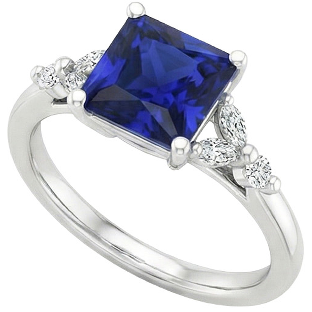 Engagement Ring Princess Cut Ceylon Sapphire and Natural Earth Mined Diamond 5.5 Carat