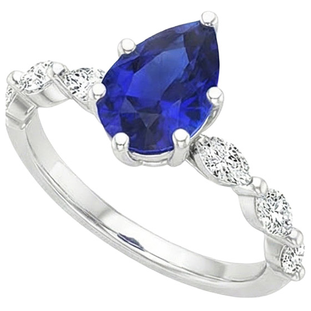 Engagement Ring With Accents Pear Blue Sapphire & Natural Earth Mined Diamonds 3.75 Carats