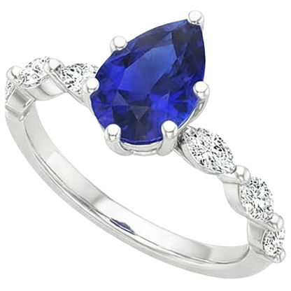 Engagement Ring With Accents Pear Blue Sapphire & Natural Earth Mined Diamonds 3.75 Carats