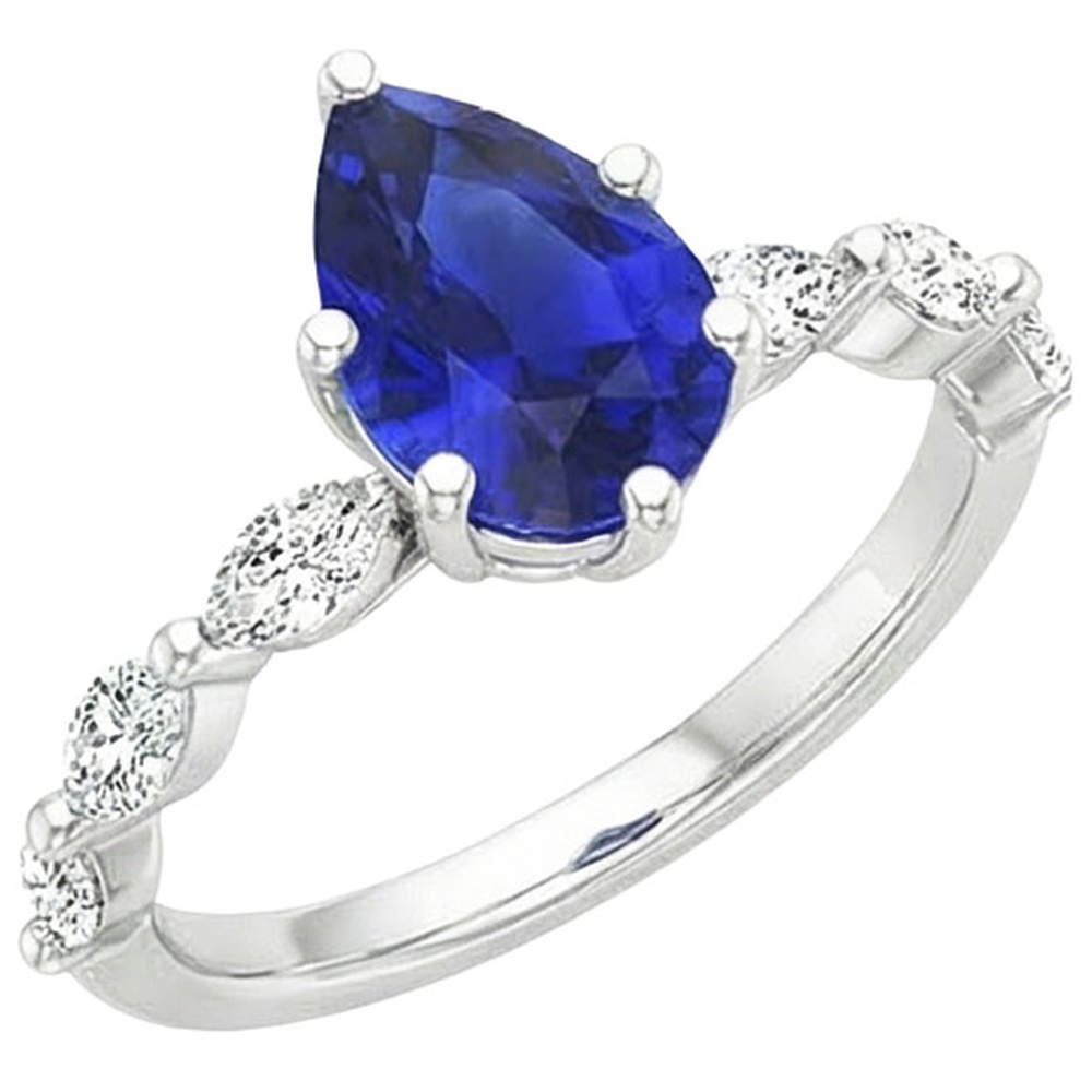 Engagement Ring With Accents Pear Blue Sapphire & Natural Earth Mined Diamonds 3.75 Carats