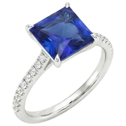 Engagement Ring With Princess Blue Sapphire & Natural Earth Mined Diamond Accents 6 Carats