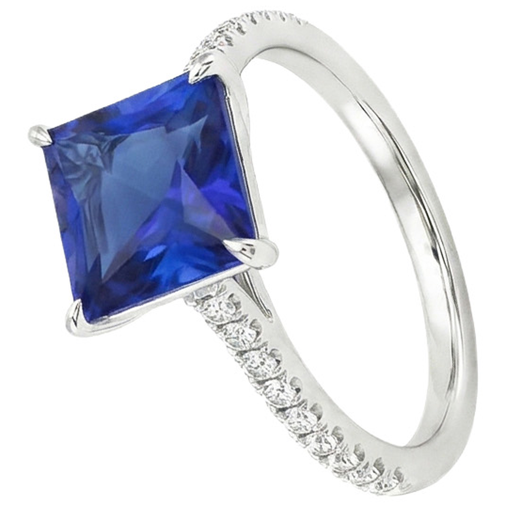 Engagement Ring With Princess Blue Sapphire & Natural Earth Mined Diamond Accents 6 Carats
