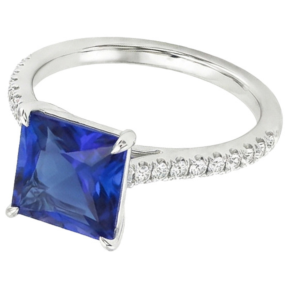 Engagement Ring With Princess Blue Sapphire & Natural Earth Mined Diamond Accents 6 Carats