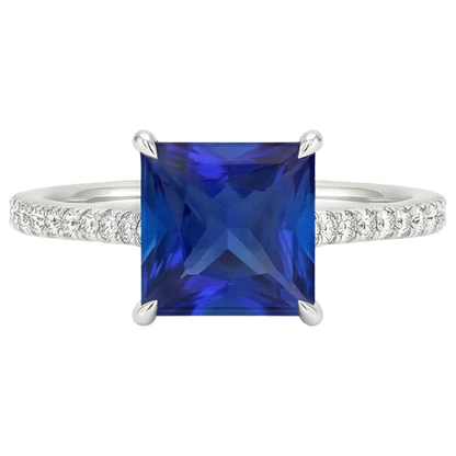 Engagement Ring With Princess Blue Sapphire & Natural Earth Mined Diamond Accents 6 Carats