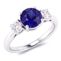 Engagement Three Stone Ring Round Blue Sapphire 2.50 Carats Natural Earth Mined Diamonds