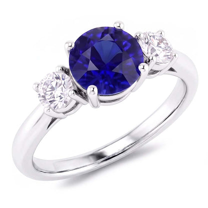 Engagement Three Stone Ring Round Blue Sapphire 2.50 Carats Natural Earth Mined Diamonds