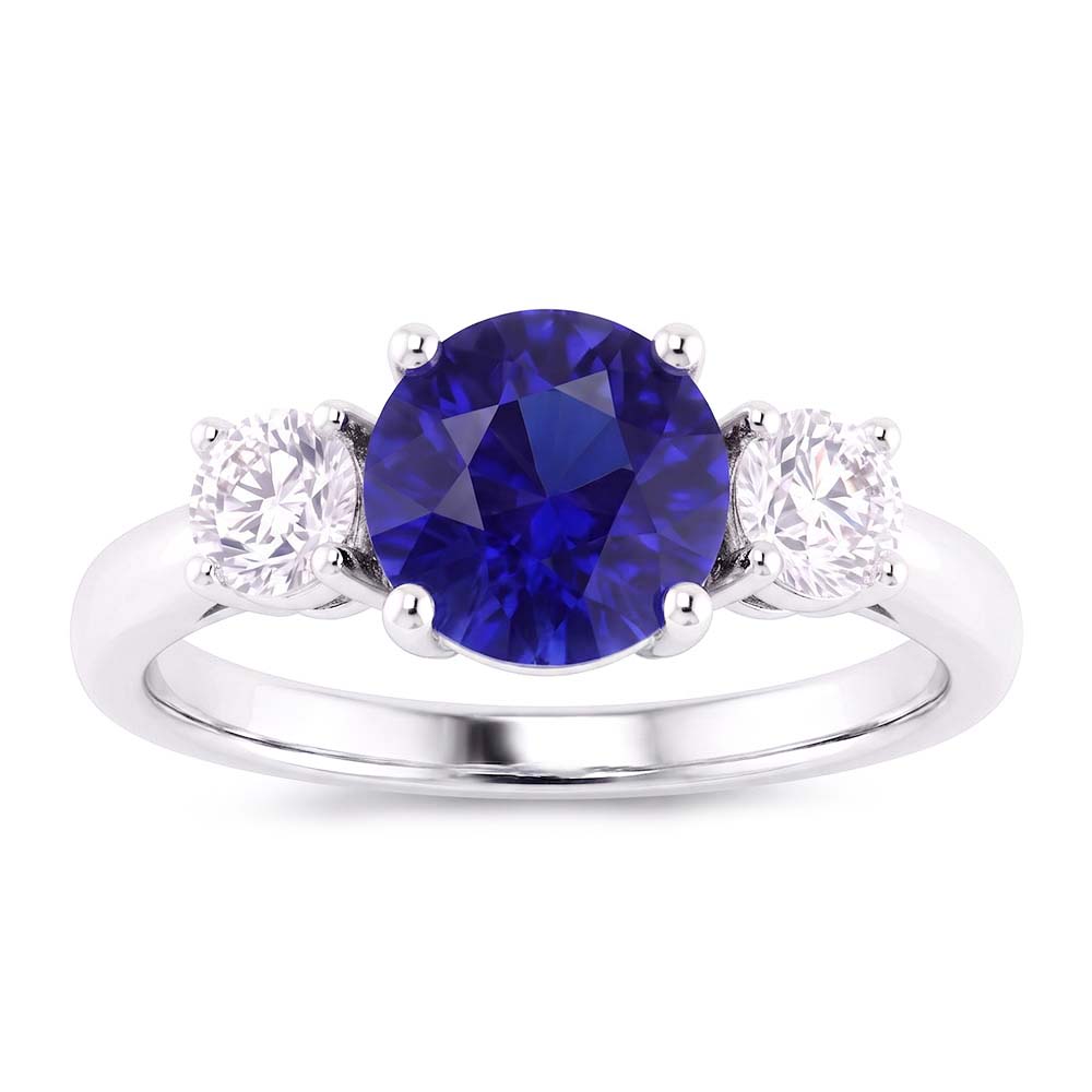 Engagement Three Stone Ring Round Blue Sapphire 2.50 Carats Natural Earth Mined Diamonds