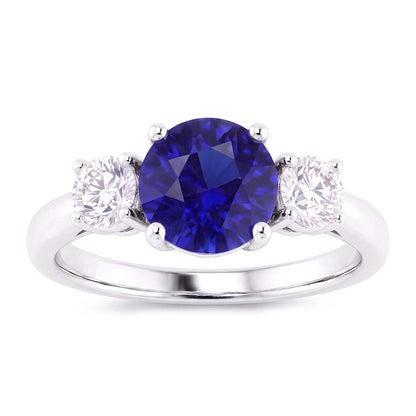Engagement Three Stone Ring Round Blue Sapphire 2.50 Carats Natural Earth Mined Diamonds