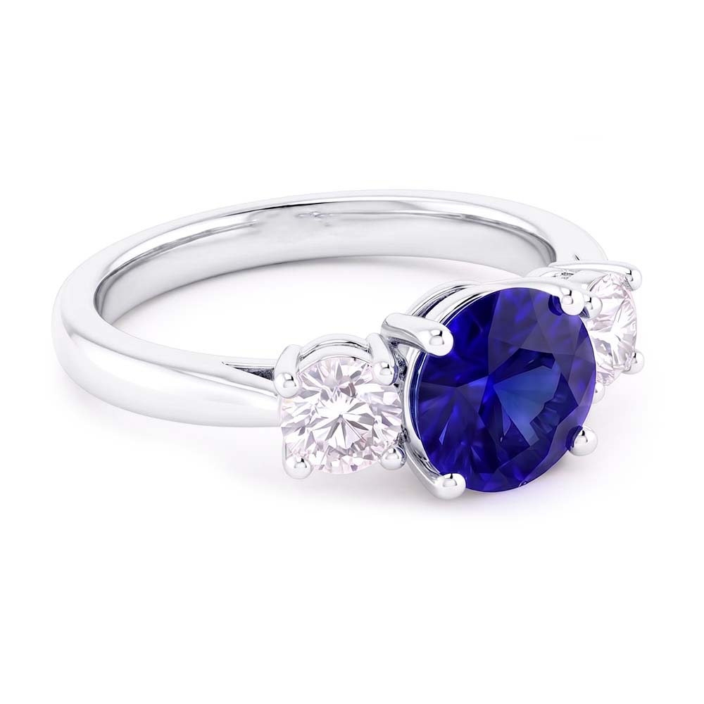 Engagement Three Stone Ring Round Blue Sapphire 2.50 Carats Natural Earth Mined Diamonds