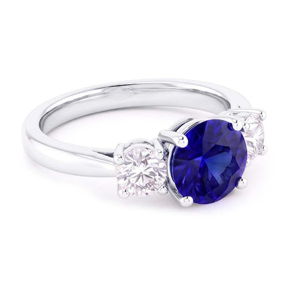 Engagement Three Stone Ring Round Blue Sapphire 2.50 Carats Natural Earth Mined Diamonds