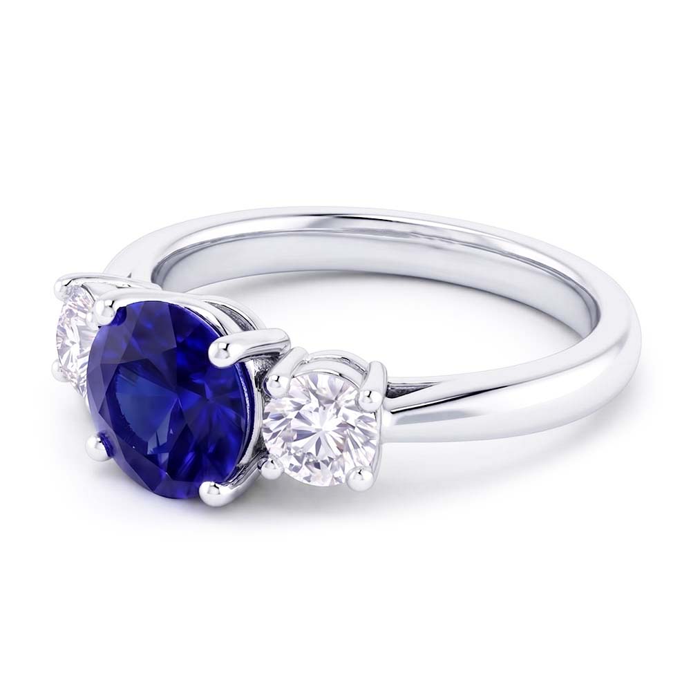 Engagement Three Stone Ring Round Blue Sapphire 2.50 Carats Natural Earth Mined Diamonds