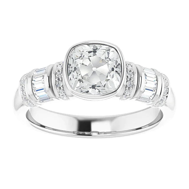 Engagement Ring Baguette & Cushion Old Cut Diamond Bezel Set 4.50 Carats