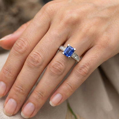 Engagement Ring Emerald Ceylon Sapphire Channel Set Natural Earth Mined Diamonds 3 Carats