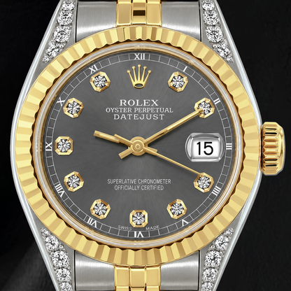 Rolex Datejust 69173 26mm Gray Diamond Dial Fluted Bezel Two Tone Watch