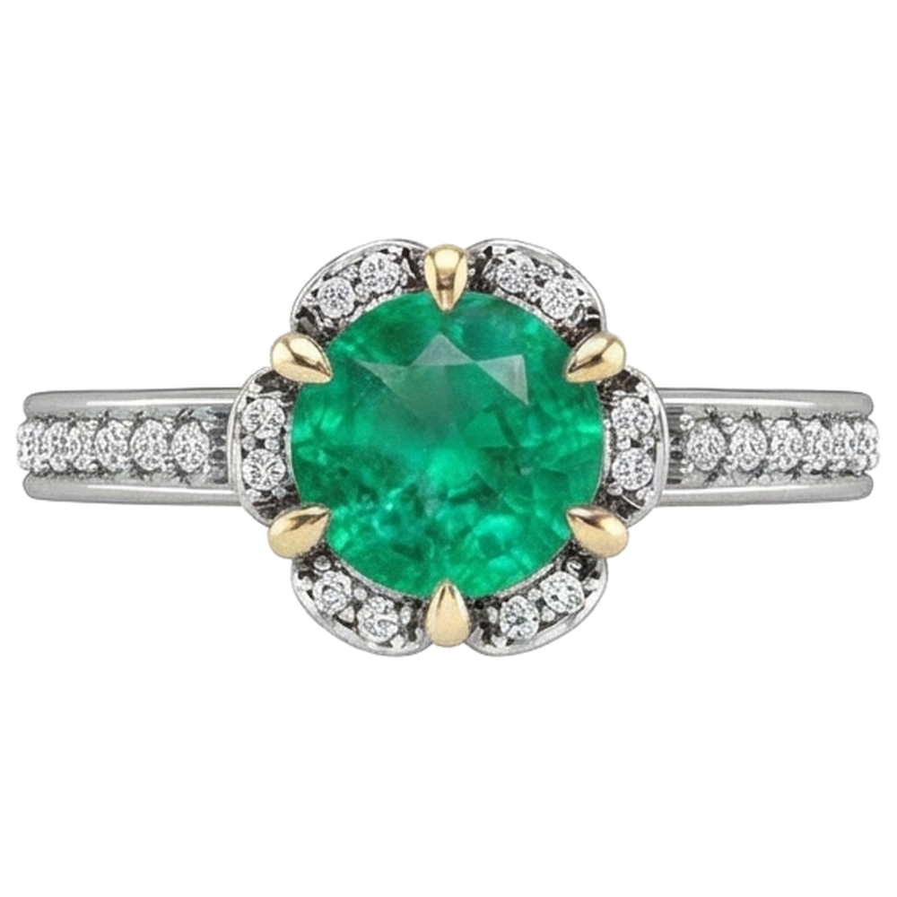 Natural Real ( Not Lab Grown ) Flower Design Green Emerald GIA Ring Halo Diamond Jewelry