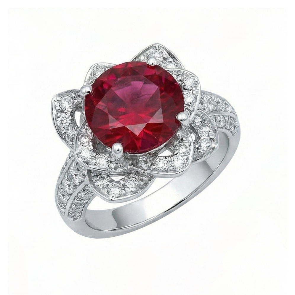 Flower Style 2.51 Ct Red Ruby & White Round Natural Earth Mined Diamonds Ring Gemstone