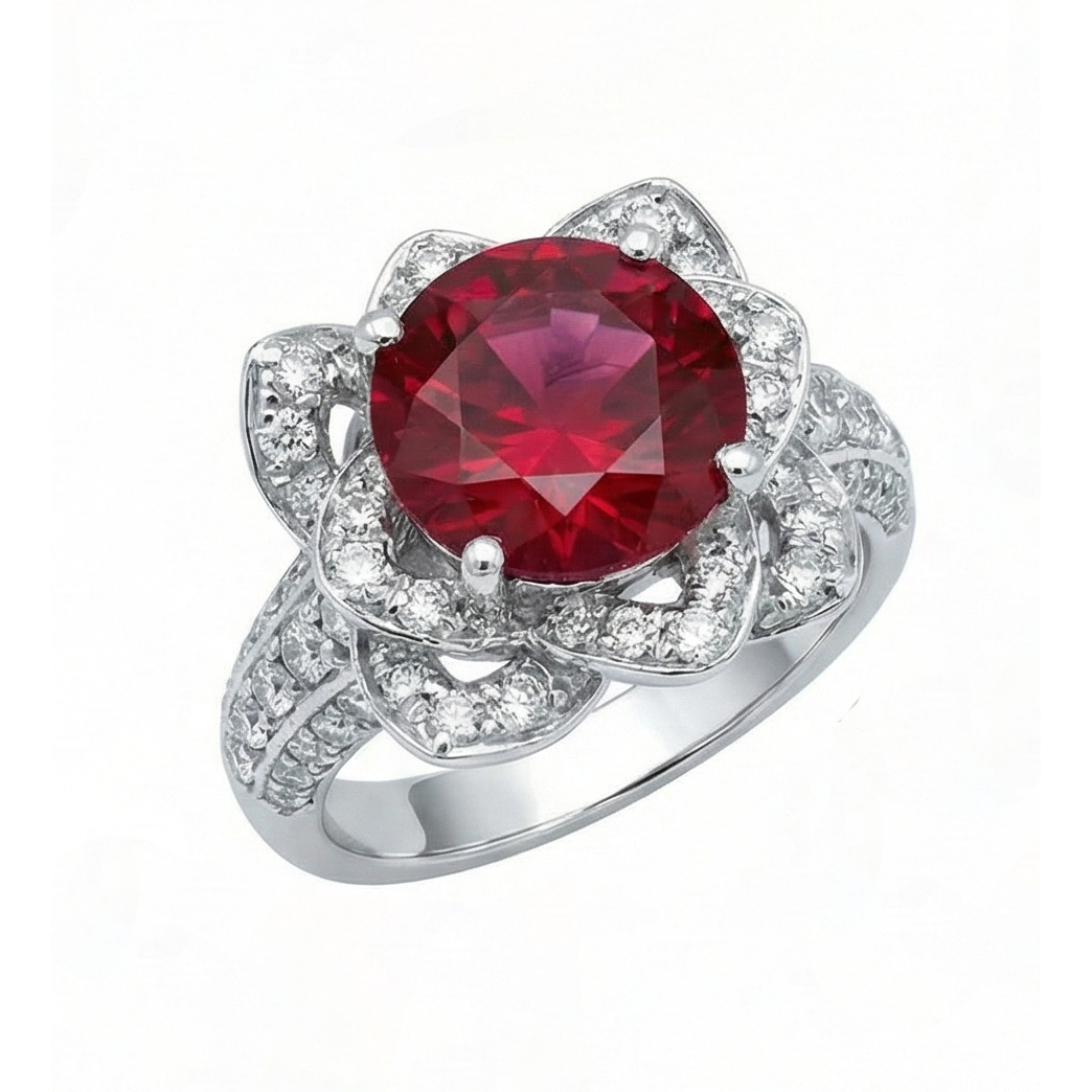 Flower Style 2.51 Ct Red Ruby & White Round Natural Earth Mined Diamonds Ring Gemstone