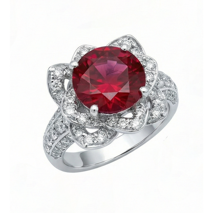 Flower Style 2.51 Ct Red Ruby & White Round Natural Earth Mined Diamonds Ring Gemstone