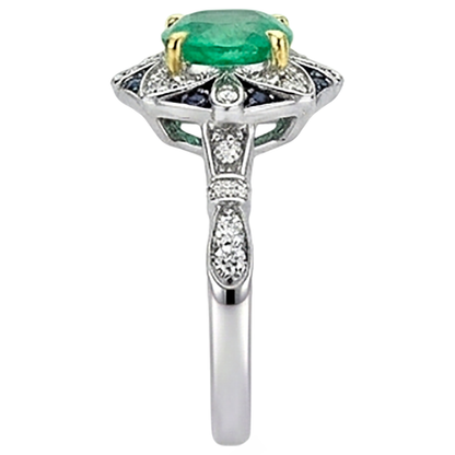 Natural Real ( Not Lab Grown ) Flower Style Gemstone Ring Green Emerald GIA Sapphire Diamond Jewelry