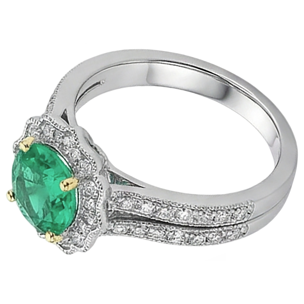 Natural Real ( Not Lab Grown ) Flower Style Green Emerald GIA Engagement Ring Set