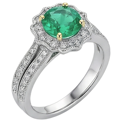 Natural Real ( Not Lab Grown ) Flower Style Green Emerald GIA Engagement Ring Set