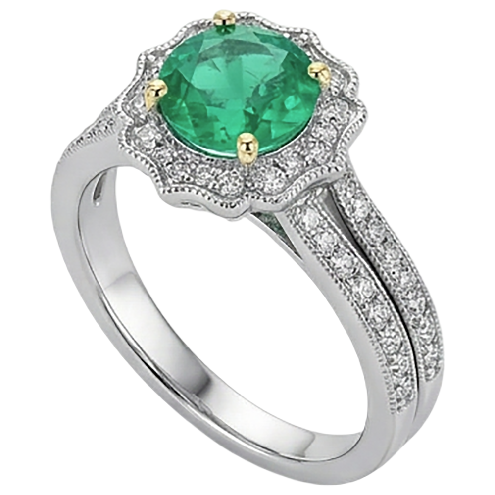 Natural Real ( Not Lab Grown ) Flower Style Green Emerald GIA Engagement Ring Set