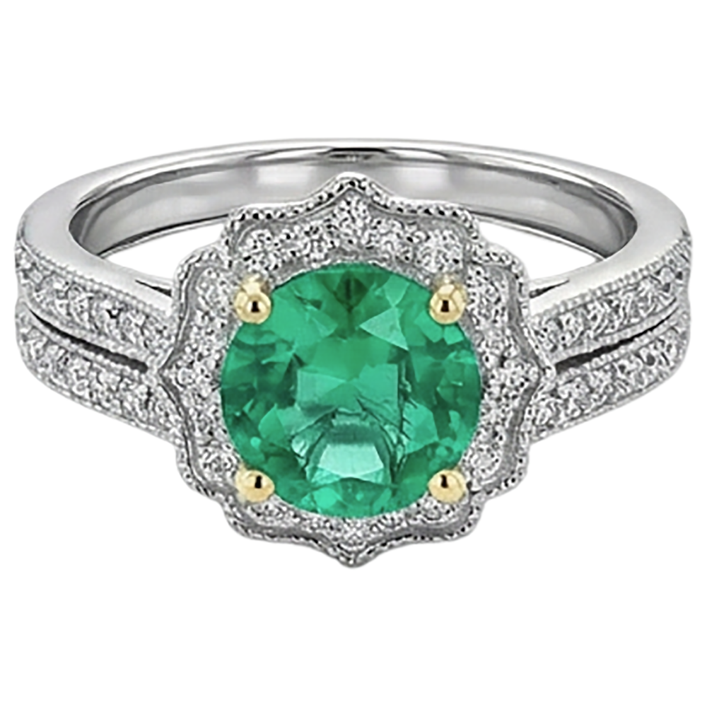 Natural Real ( Not Lab Grown ) Flower Style Green Emerald GIA Engagement Ring Set