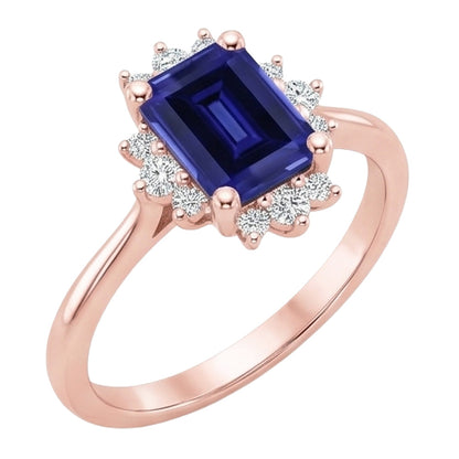 Flower Style Ring Ceylon Sapphire & Natural Earth Mined Diamond 4 Carats Emerald Cut