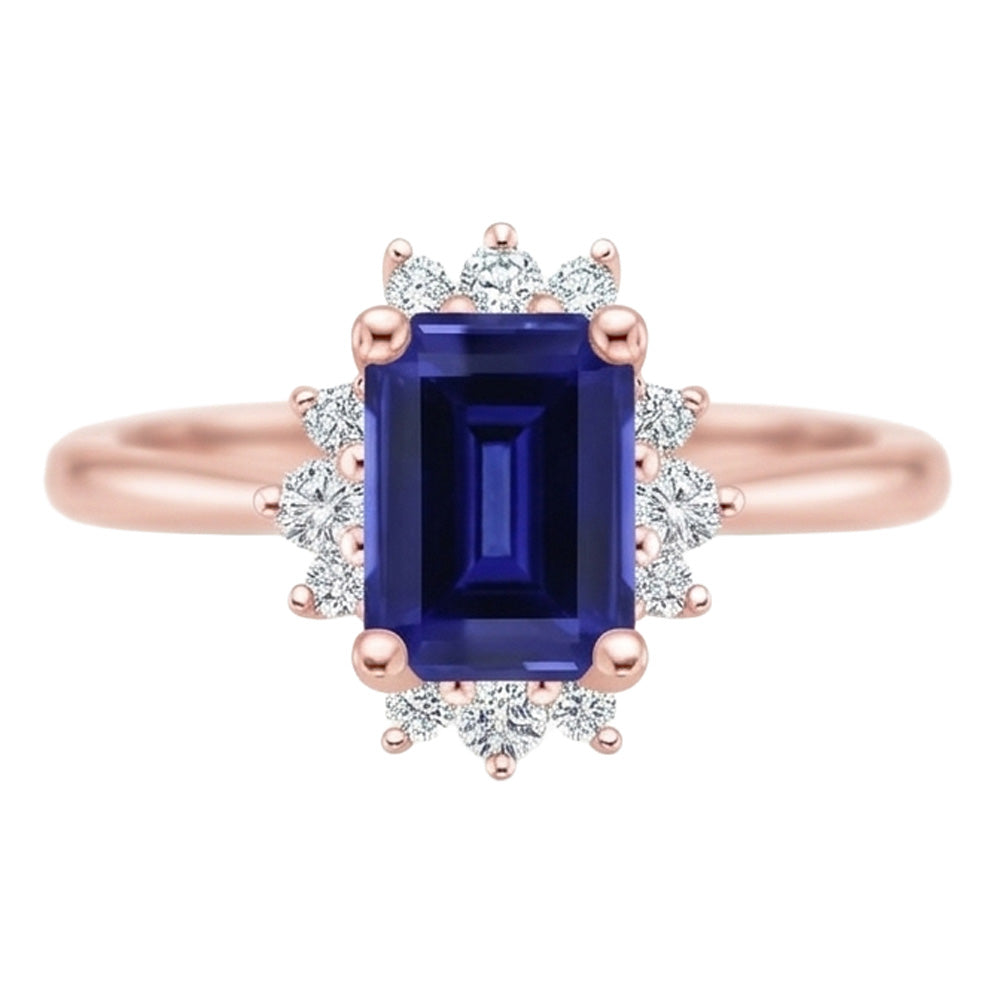 Flower Style Ring Ceylon Sapphire & Natural Earth Mined Diamond 4 Carats Emerald Cut