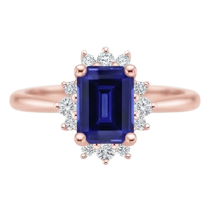 Flower Style Ring Ceylon Sapphire & Natural Earth Mined Diamond 4 Carats Emerald Cut