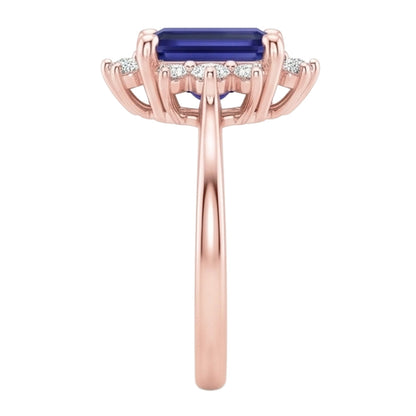 Flower Style Ring Ceylon Sapphire & Natural Earth Mined Diamond 4 Carats Emerald Cut