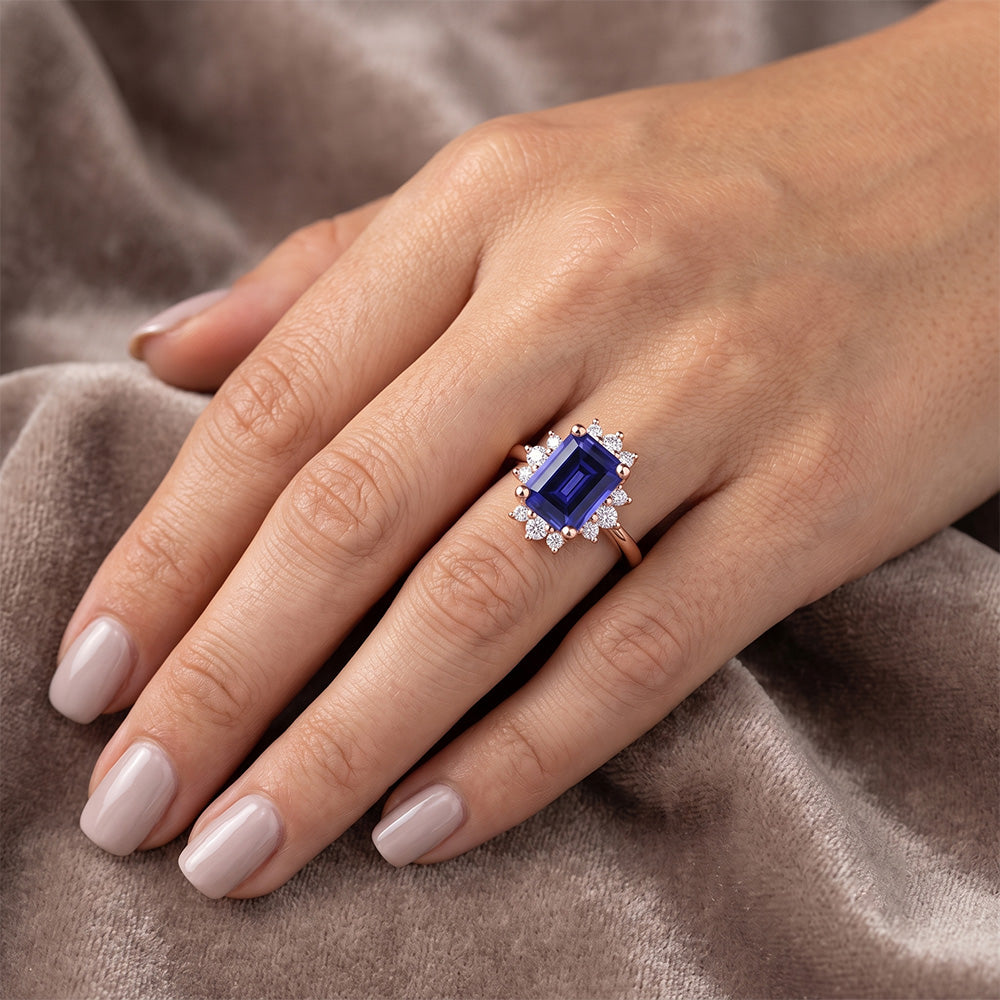 Flower Style Ring Ceylon Sapphire & Natural Earth Mined Diamond 4 Carats Emerald Cut