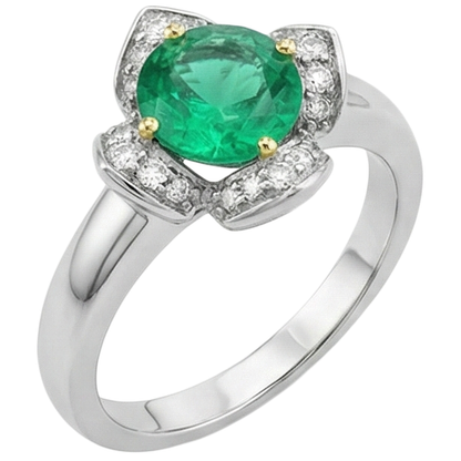 Natural Real ( Not Lab Grown ) Flower Style Ring Green Emerald GIA Round Cut Halo