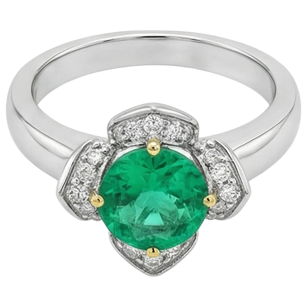 Natural Real ( Not Lab Grown ) Flower Style Ring Green Emerald GIA Round Cut Halo