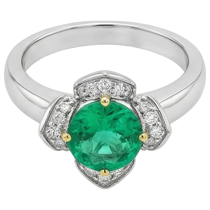 Natural Real ( Not Lab Grown ) Flower Style Ring Green Emerald GIA Round Cut Halo