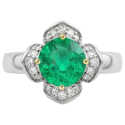 Natural Real ( Not Lab Grown ) Flower Style Ring Green Emerald GIA Round Cut Halo