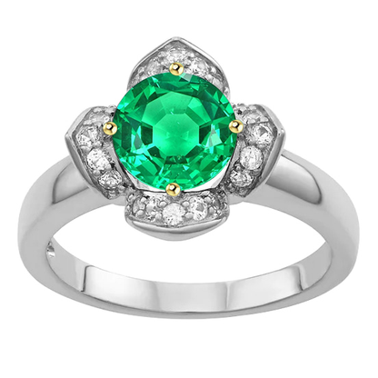 Flower Style Ring Green Emerald Round Cut Halo