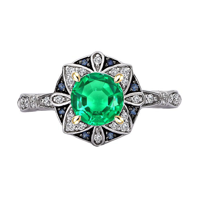Flower Style Gemstone Ring Green Emerald Blue Sapphire Diamond Jewelry