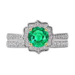 Natural Real ( Not Lab Grown ) Flower Style Green Emerald GIA Engagement Ring Set