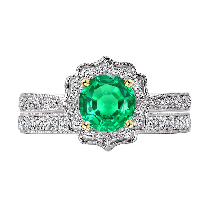Flower Style Green Emerald Engagement Ring Set 