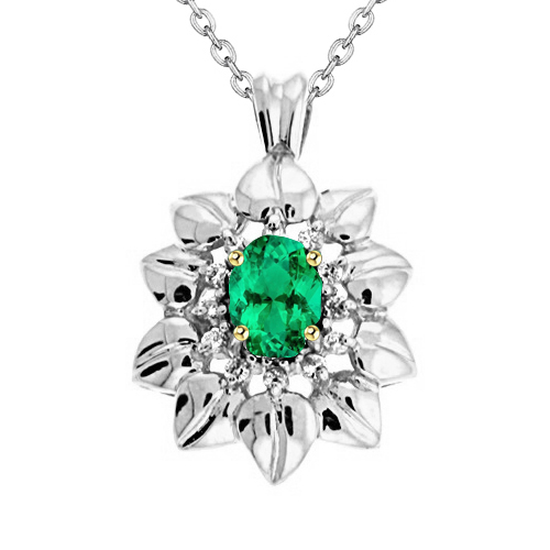 Flower Style Oval Gem Pendant Green Emerald Necklace