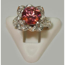 Flower Style 2.51 Ct Red Ruby & White Round Diamonds Ring Gemstone