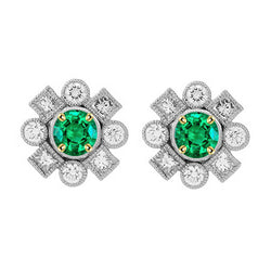 Natural Real ( Not Lab Grown ) Flower Style Halo Studs Green Emerald GIA Vintage Style Earrings