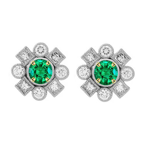 Flower Style Halo Studs Green Emerald Vintage Style Earrings
