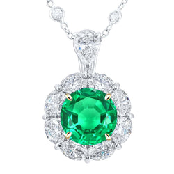 Natural Real ( Not Lab Grown ) Flower Style Round Green Emerald GIA Pendant Halo Necklace