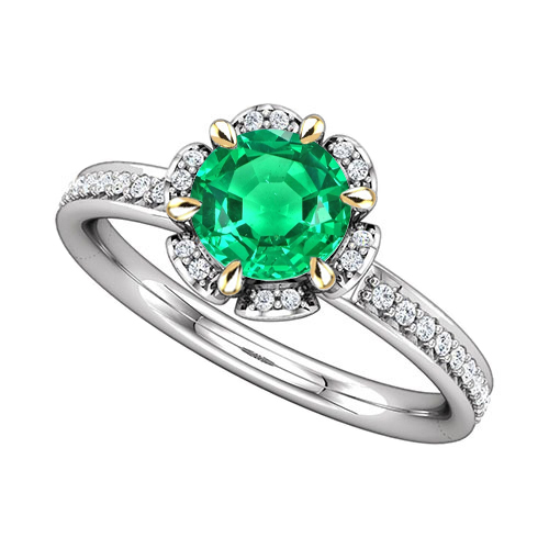 Flower Design Green Emerald Ring Halo Diamond Jewelry