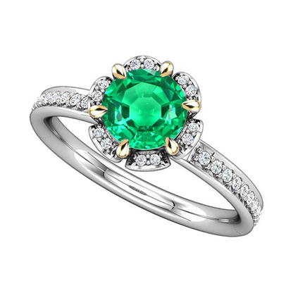 Flower Design Green Emerald Ring Halo Diamond Jewelry