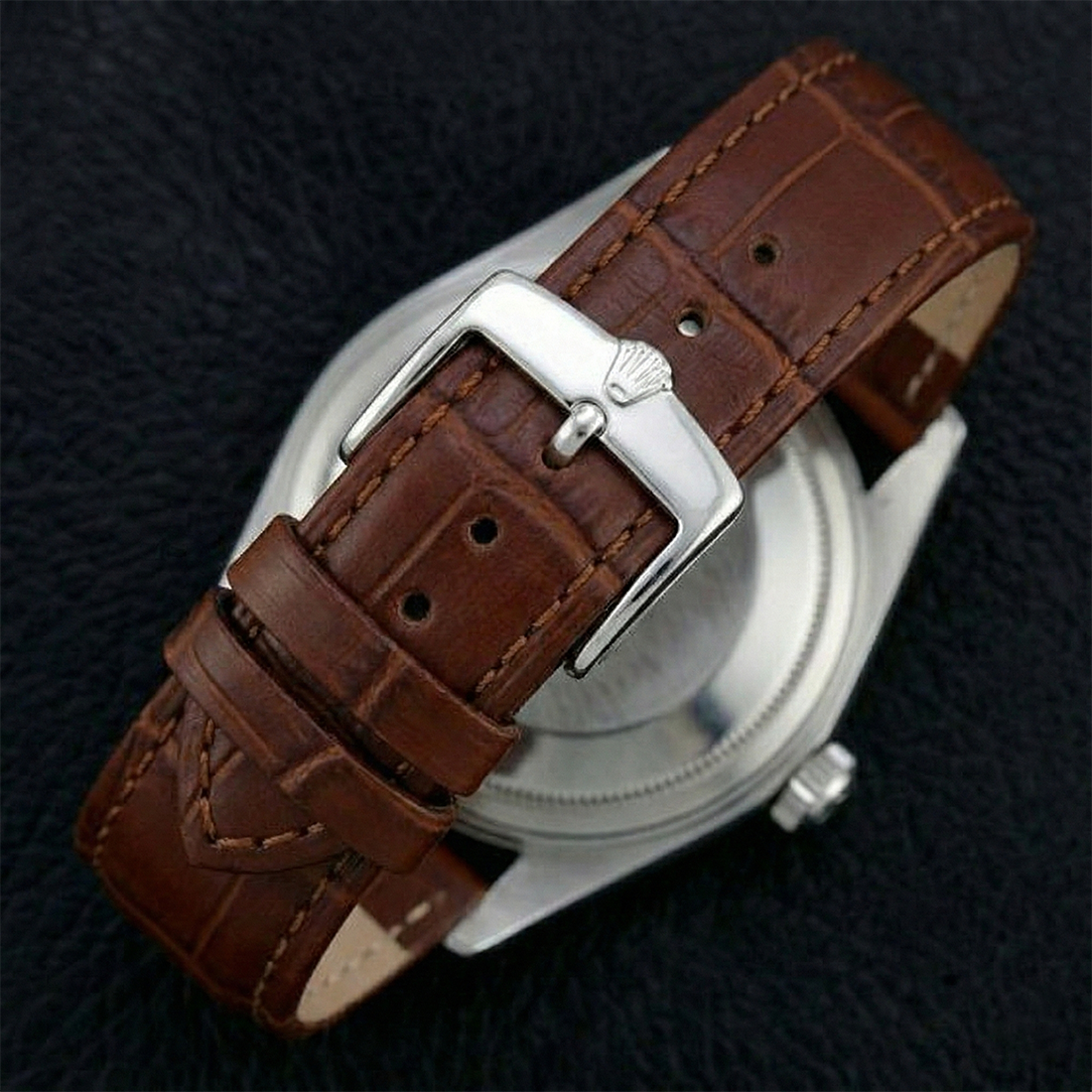 Fluted Bezel Rolex Ss Men's Watch Date Just Brown Leather Band QUICK SET