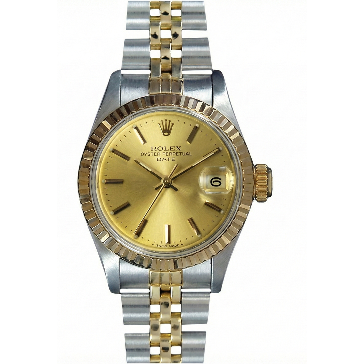 Fluted Bezel Champagne Stick Dial Rolex Date Women Watch Jubilee